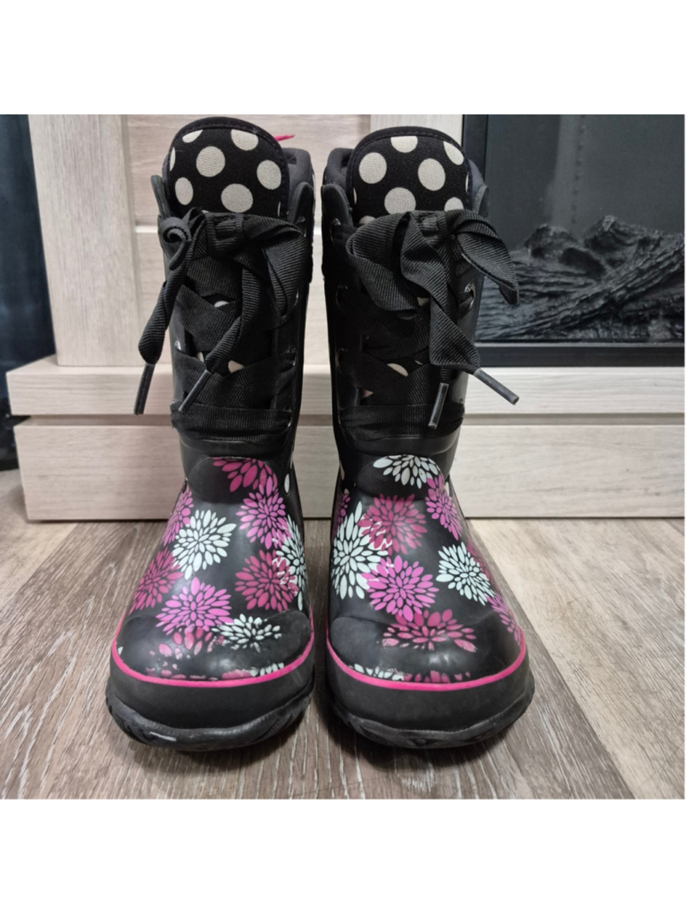 Bogs Kids Waterproof Rain Boots Floral Polka Dot Black Pink Sz 11